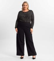 Calça Pantalona Plus Size Preta Secret em Ponto Roma com Cintura Elástica