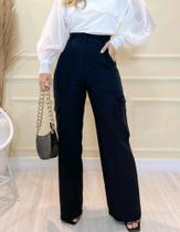 Calça pantalona premium alfaiataria cintura alta com bolso