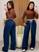 Calça Pantalona Tecido Marrant Cintura Dupla e Amarração Elegante Outono Inverno