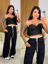 Calça Pantalona Tecido Marrant Cintura Dupla e Amarração Elegante Outono Inverno