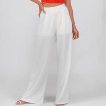 Calça Pantalona Tricot com PregasOff White- Riu Kiu