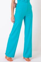 Calca pantalona viscolinho azul bolso frente e traseiro 70% viscose 27% linho 3% elastano