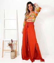 Calça pantalona viscolinho cor terra cota Calça pantalona viscolinho cor terra cota