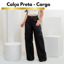 Calça Pantalona Wide Leg Cargo Preta Feminina com lycra -