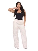 Calça Pantalona Wide Leg Feminina Sarja Clara com Bolso Cargo