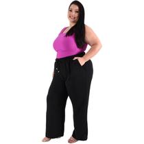 Calça Plus Size Estilo Pantalona Feminina Cintura Alta Dunas Tendencia Wid Leg Elástico Cós