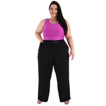 Calça Plus Size Estilo Pantalona Feminina Cintura Alta Dunas Tendencia Wid Leg Elástico Cós