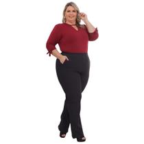 Calça Plus Size Feminina Malha Jaquard Flare Cintura Alta