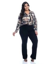 Calça Plus Size Flare Boca de Sino Cintura Alta Poliamida