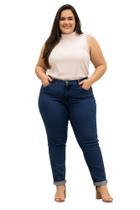 Calça Plus Size Jeans, Mom, Alta, Azul Escuro, Com Bolsos