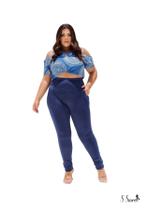 Calça Plus Size Montaria Flanelada Peluciada Leg Com Bolsos Cós Alto