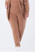 Calça Plus Size Ribana Canelada Bolso Faca Funcional com Elástico na Cintura Bege Berta