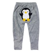 Calça Plush para Bebê Com Pé Reversível Bumbum Bordado Pinguim Mescla