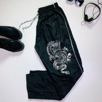 Calça Preta De Dragão Branco Chinês Oriental - Simples