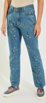 Calça Reta Bordado Flores Jeans