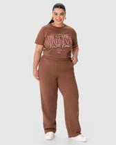 Calça Reta Feminina Plus Size Em Moletom Mesclado Flanelado
