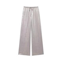 Calça reta metálica feminina, cintura alta elástica com cordão, calças femininas, moda chique Calça reta metálica feminina, cintura alta elástica com cordão, calças femininas, moda chique
