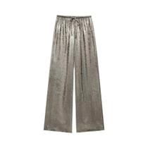 Calça reta metálica feminina, cintura alta elástica com cordão, calças femininas, moda chique