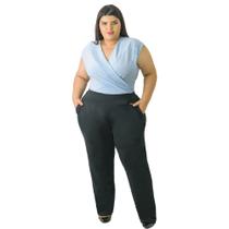 Calça Reta Ponto Roma Catwalk Feminina Cintura Média Cós Médio Com Elástico Plus Size Preta