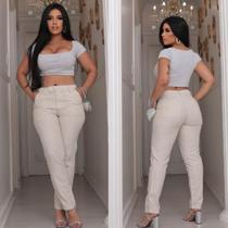 Calça Reta skinny Linho Feminina Cintura Alta Com bolso na frente e ziper moda lançamento soltinha confortavel