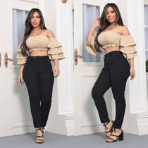 Calça Reta skinny Linho preto Feminina Cintura Alta Com bolso na frente e ziper moda lançamento soltinha confortavel Calça Reta skinny Linho preto Feminina Cintura Alta Com bolso na frente e ziper moda lançamento soltinha confortavel