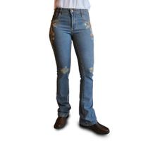 Calça Rodeio Feminina Jeans Azul Bordada Cós Alto Country