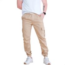Calça Sarja Cargo Jogger Elástico Comprido Bolso Com Punhos