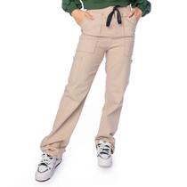 Calça Sarja Feminina Max Denim Wide Leg Bolsos Cargo Bege Calça Sarja Feminina Max Denim Wide Leg Bolsos Cargo Bege