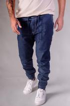 Calça Sarja Jogger Jeans escuro com costura caramelo