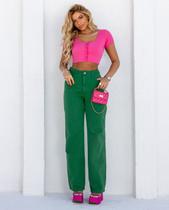 Calça Sarja Wide Leg Feminina Cintura Alta Básica Color 29025 Verde