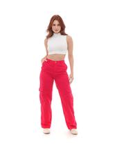 Calça Sarja Wide Leg Feminina Cintura Alta Bolso Cargo 22657 Magenta