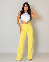 Calça Sarja Wide Leg Feminina Cintura Alta Bolsos Cargo 21389 Amarelo - Consciência