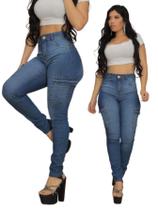 Calça Skinny Feminina Jeans Cargo/Bolso do lado Premium Cintura Alta Modela Bumbum com lycra/elastano