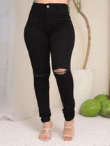 Calça Skinny Feminina Preta com Rasgo no Joelho Cintura Alta e Lycra Modeladora