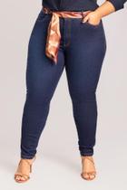 Calça Skinny Plus Feminina Jeans Escuro Com Cinto Lenço Estampado