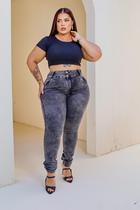 Calça Skinny Plus size feminina jeans Cintura alta chumbo marmorizada com dois botões, bolsos frontais e lycra - Calça Skinny Plus size feminina jeans Cintura alta chumbo marmorizada com dois botões, bolsos frontais e lycra -