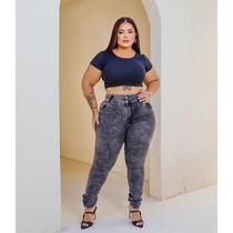 Calça Skinny Plus size feminina jeans Cintura alta chumbo marmorizada com dois botões, bolsos frontais e lycra -
