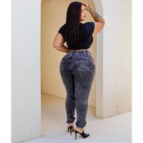 Calça Skinny Plus size feminina jeans Cintura alta chumbo marmorizada com dois botões, bolsos frontais e lycra -