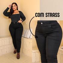 Calça Skinny Plus Size preta com STRASS jeans cintura alta com lycra e bolso na frente lançamento - 48 Calça Skinny Plus Size preta com STRASS jeans cintura alta com lycra e bolso na frente lançamento - 48