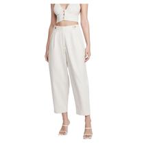 Calça Slouchy Cintura Alta Com Linho Bege Dzarm