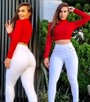 calca studio jeans bl branca 6 botoes lateral premium denin