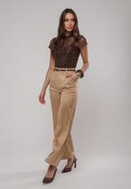 Calça Suede Wide Leg Com Recorte Bege Salvatore Calça Suede Wide Leg Com Recorte Bege Salvatore