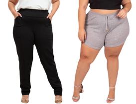 Calça Tecido Malha Crepe Feminina Plus Size E Short Canelado Cintura Alta Moda Shortinho