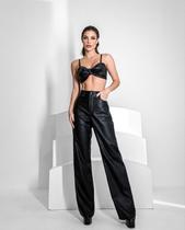 Calça Tecido Sintético Wide Leg Feminina Cintura Alta 22738 Preto