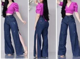 Calça wed leg jeans feminina com fenda cintura alta tamanho 34 escura