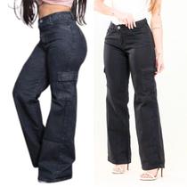 Calça Wide leg Cargo bolso do lado, Feminina Jeans , Pantalona Cintura alta Premium