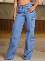 Calça Wide Leg Cargo Estilosa PitBull Jeans 89508 Cor:Azul MédioTamanho:46