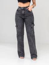 Calça Wide Leg Cargo Feminina Jeans Grafite Chumbo Marmorizado, Cintura Alta, Premium