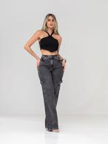 Calça Wide Leg Cargo Feminina Jeans Grafite Chumbo Marmorizado, Cintura Alta, Premium Calça Wide Leg Cargo Feminina Jeans Grafite Chumbo Marmorizado, Cintura Alta, Premium