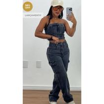 Calça Wide Leg Cargo Jeans Grafite Marmorizada Moda Gringa Cintura Alta Levanta Bumbum Premium